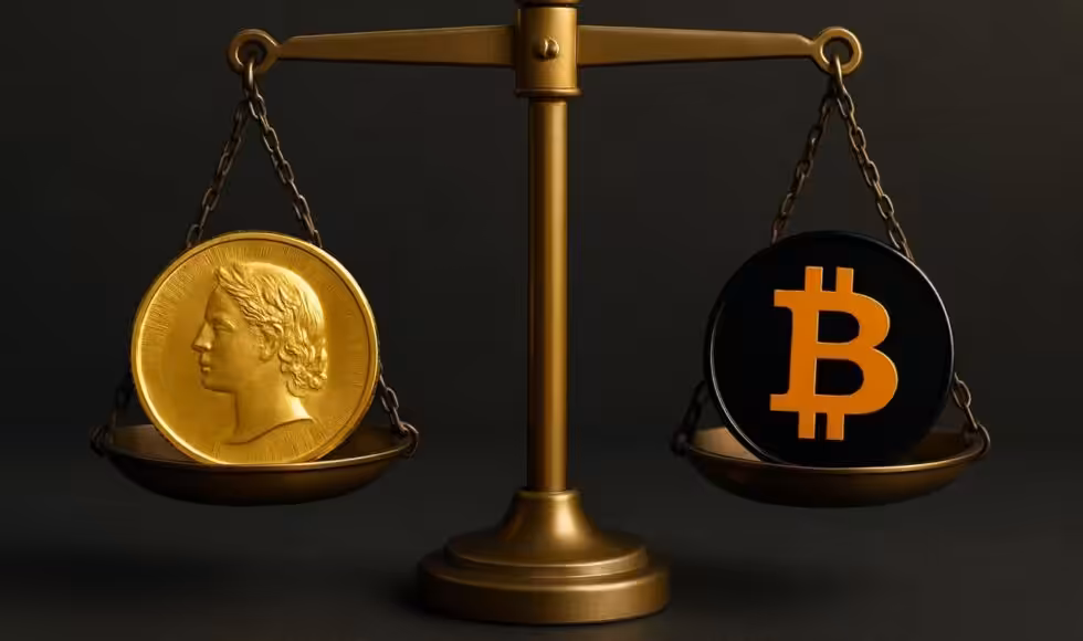 Balance dorée comparant une pièce d'or traditionnelle et le symbole du Bitcoin, représentant la concurrence entre or physique et cryptomonnaies en 2025