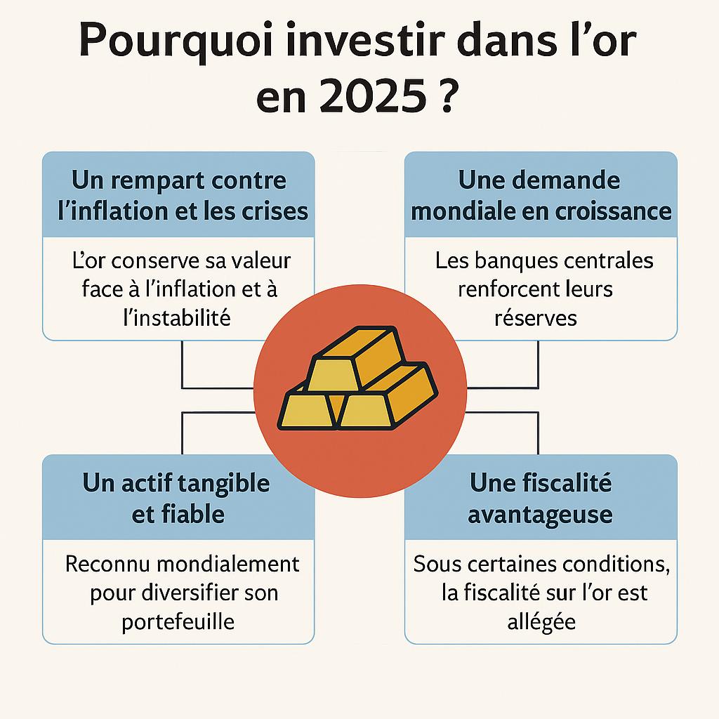 Infographie investir dans l'or en 2025 - valeur refuge, actif tangible, fiscalité avantageuse, diversification du portefeuille